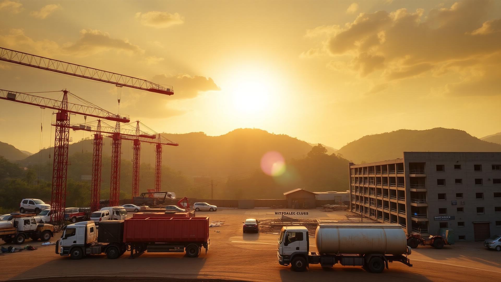 Construction site with cranes and cargo trucks in Rwanda at sunset